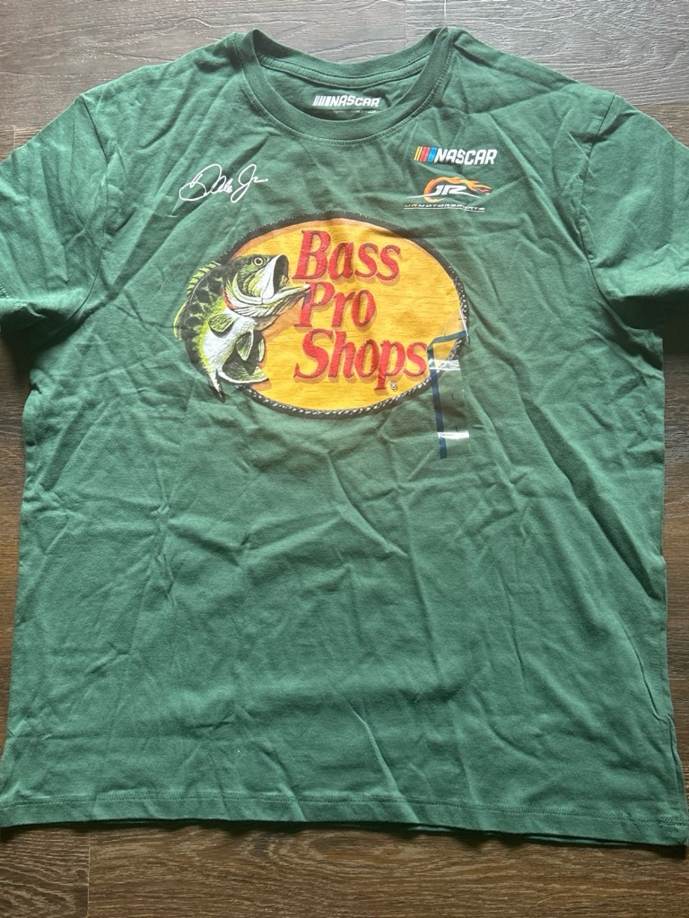 Bass Pro Shops Green Tee with Yellow Logo and Fish Graphic